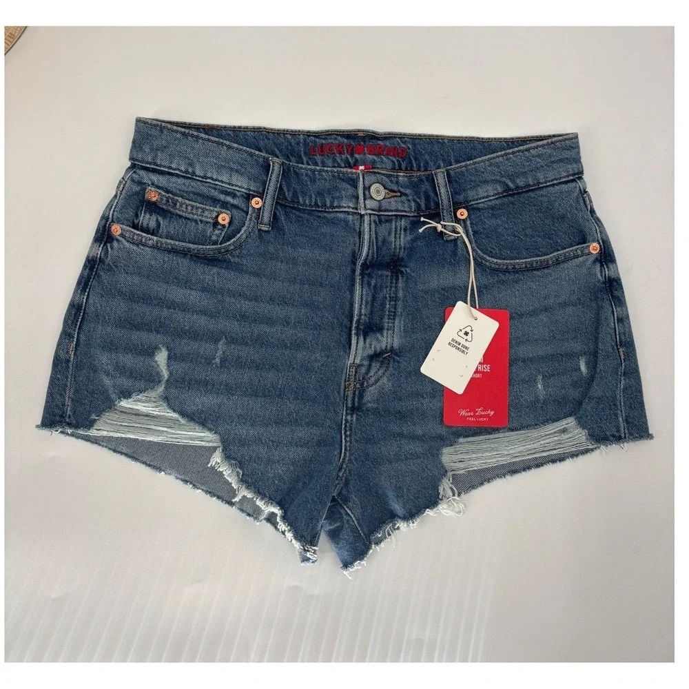 Lucky Brand Mom High Rise Short Womens 10/30 Blue Distressed Denim‎ Frayed Hem